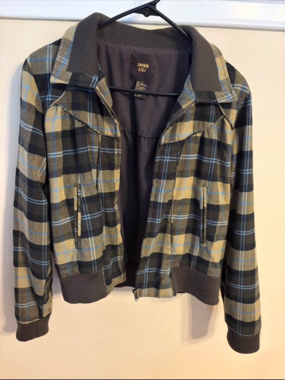 Miss Lili Plaid Bomber Jacket in Black and Tan with Blue Stripes